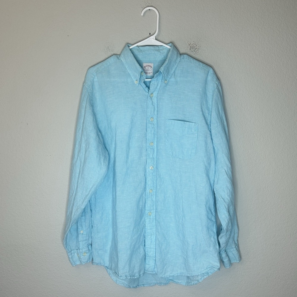 Brooks Brothers Mens Irish Linen Button Down Shirt Size M Aqua Blue Long Sleeve